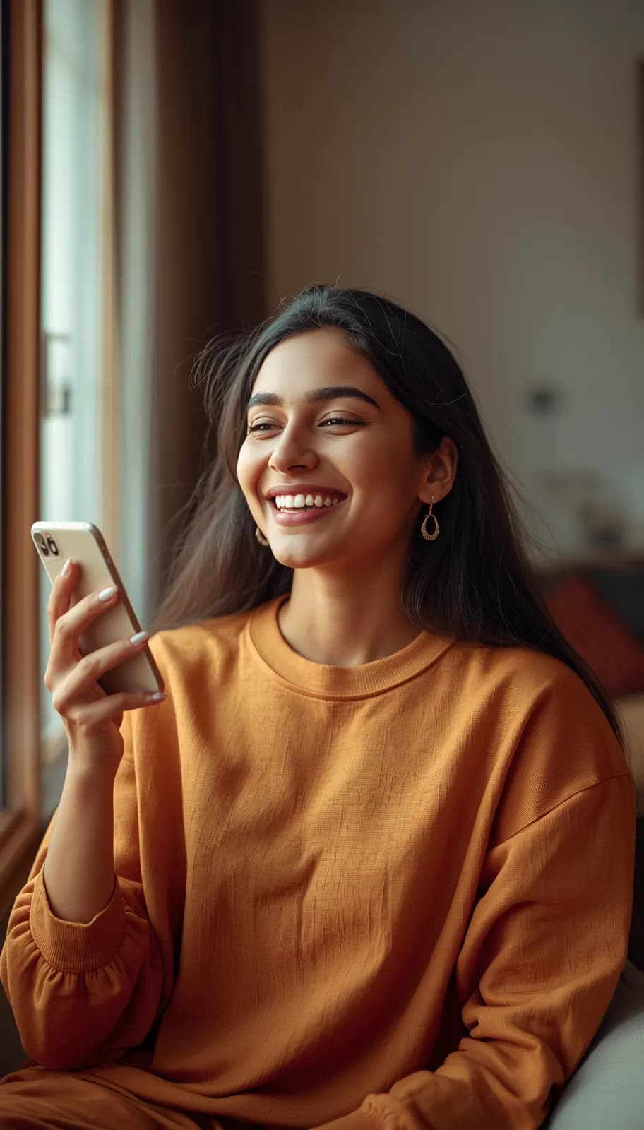 A young woman happily signing up on a video call from home